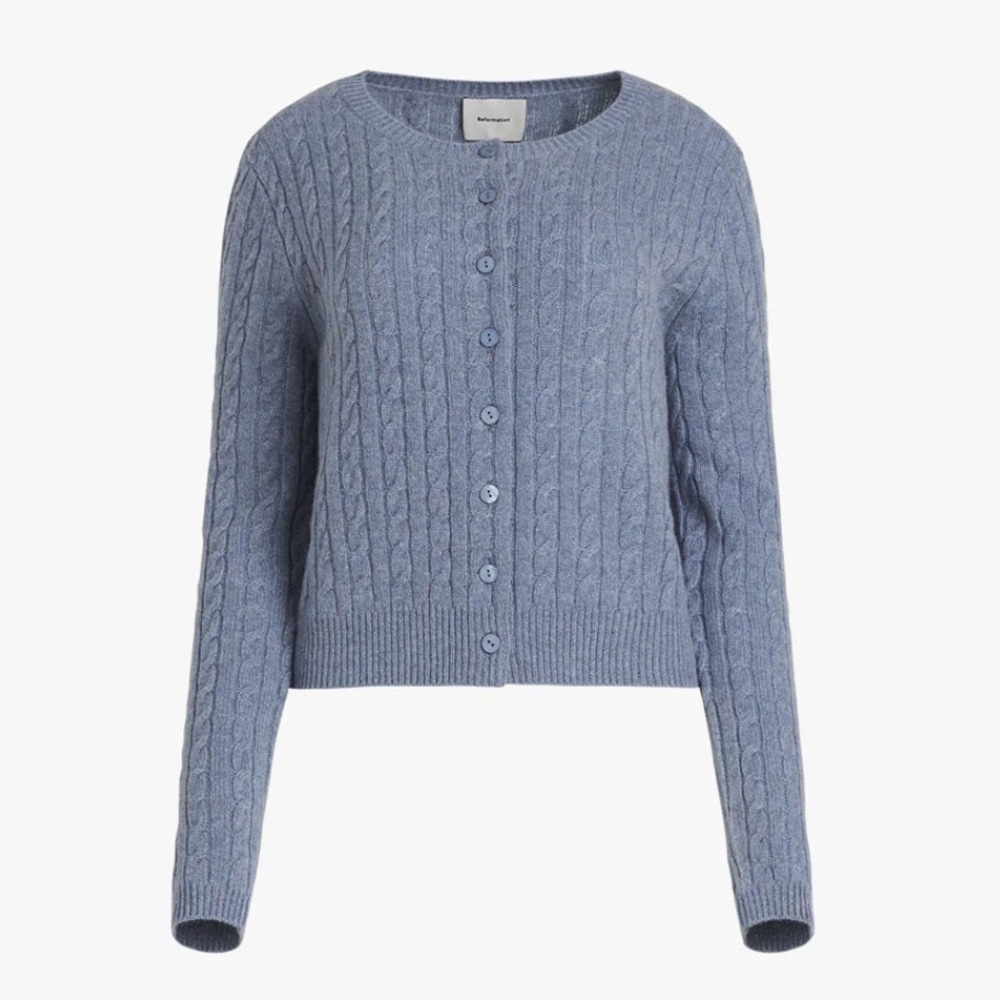 NWT Reformation Clara Cardigan Blue Cable Knit 100% Cashmere XS - Picture 3 of 6